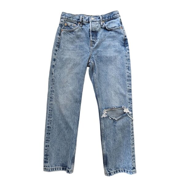 Topshop Editor Busted Knee High Rise Cropped Relaxed Fit Light Wash Denim Jeans - Picture 1 of 9